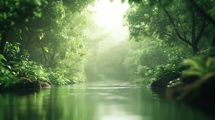 Obraz premium Serene wilderness scene with a tranquil river flowing through a vibrant, lush forest, inviting peace and harmony in nature.