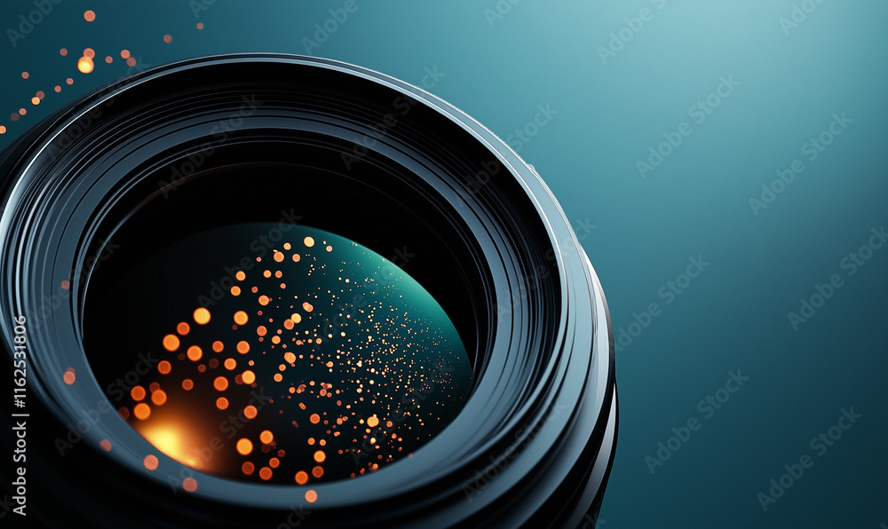 Aufkleber close-up of a camera lens with bokeh effects and vibrant colors, showcasing intricate details and ar
