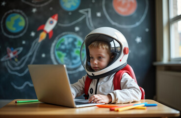 Young boy wearing astronaut helmet studies online class. Child uses laptop for remote learning. Looks focused, interested. Classroom setting with space theme. Back to school concept with kids