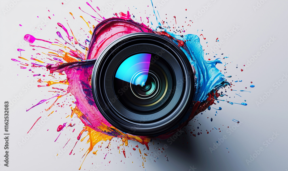 Poster a colorful splash surrounds a camera lens, creating a vibrant and artistic representation of photogr