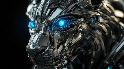 Fototapeta premium Close-up of a futuristic robotic lion's head, metallic chrome, glowing blue eyes, intricate mechanical design.