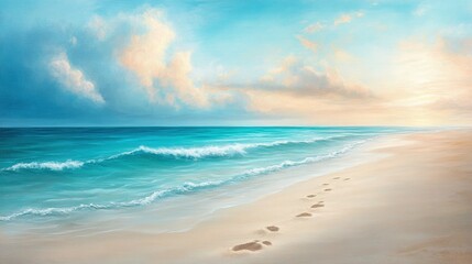 Obraz premium Tropical beach scene with footprints in soft sand, gentle waves lapping at the shore, inviting tranquility and relaxation.