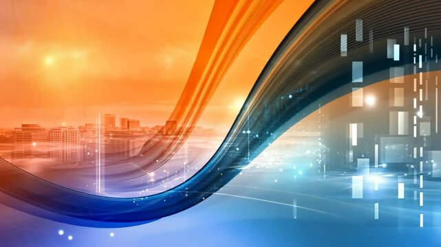 orange green light layer curve with cityscape , modern minimal business or presentation backdrop