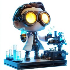 A cartoon scientist with goggles, holding a potion, surrounded by lab equipment.