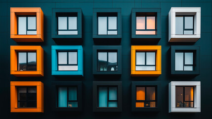 Naklejka premium Colorful apartment building facade with many windows and balconies.