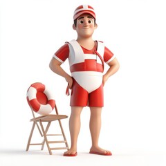 A cartoon lifeguard stands confidently next to a lifebuoy and a chair, ready for duty.