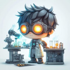 A cute scientist character in a lab, wearing goggles and surrounded by scientific equipment.