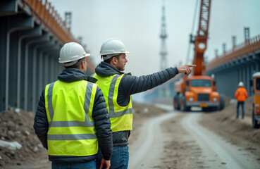 Civil engineers supervise road construction site. Team members wear safety gear. Inspect construction progress, point to something. Construction vehicles visible in background. Modern infrastructure