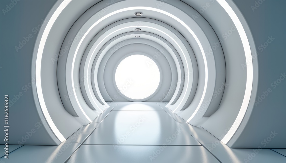Leinwandbilder futuristic hallway features round arched structure. white, light tech design. smooth interior. round