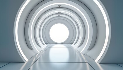 Futuristic hallway features round arched structure. White, light tech design. Smooth interior. Round hatch leads to space. Modern architecture style. High-tech concept. Perfect for sci-fi