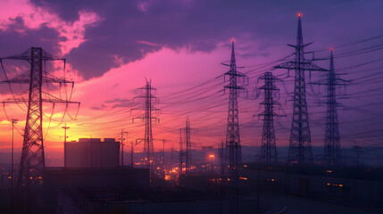 Power distribution substation at sunset with high-voltage transmission towers  -