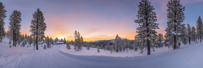 Snowy Forest Road at Sunset, Leading to a Cozy Winter Village in a Magical, Wintry Scene