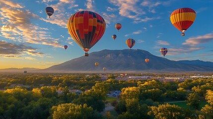 Obraz premium Colorful hot air balloons soaring over mountains at sunrise