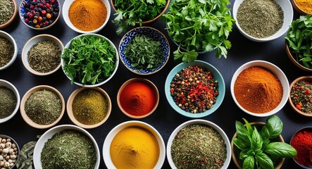 Bowls filled with vibrant herbs and colorful spices creating a feast for the eyes