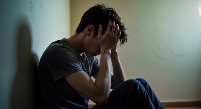 Young man sits on floor in dark room. Looks sorrowful, holds head. Seems to struggling with personal issues. Setting suggests feeling of isolation, despair. Potentially related to addiction mental
