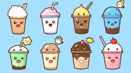 Cute and Playful Cartoon Ice Cream Cups with Happy Faces on Blue Background