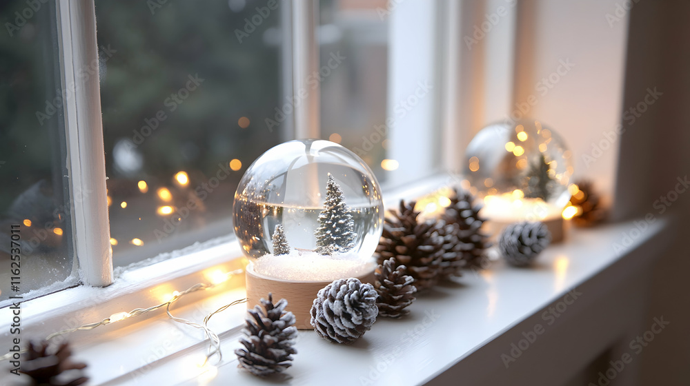 Poster snow globe on a windowsill with pinecones and string lights for christmas -