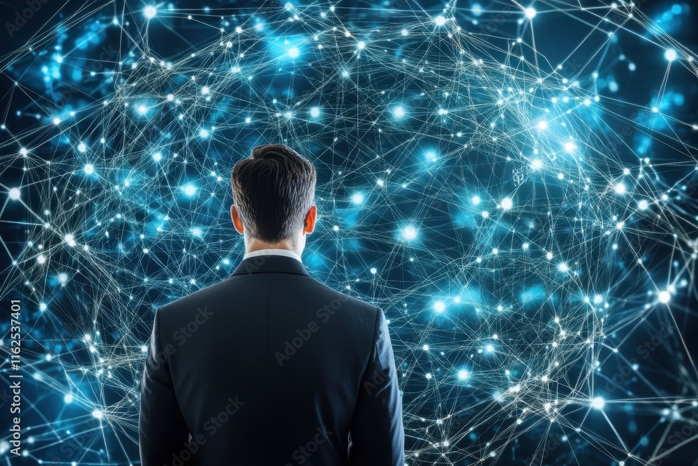 Poster man in suit observing digital network in abstract space filled with lights and connections