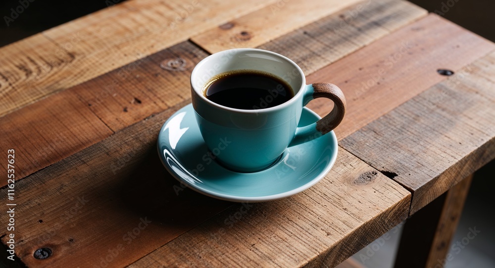 Poster coffee cup with a rustic handle on a table made from reclaimed wood