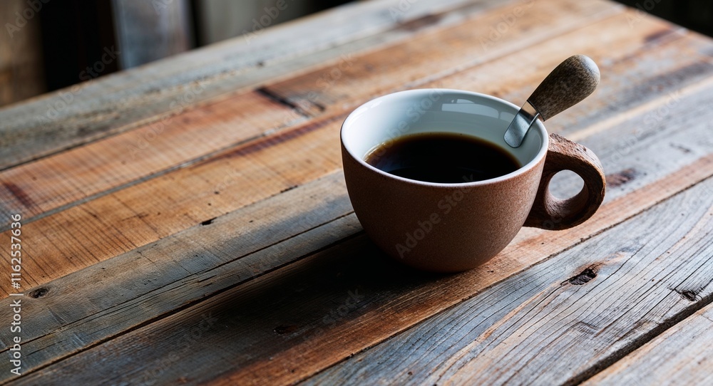 Poster Coffee cup with a rustic handle on a table made from reclaimed wood