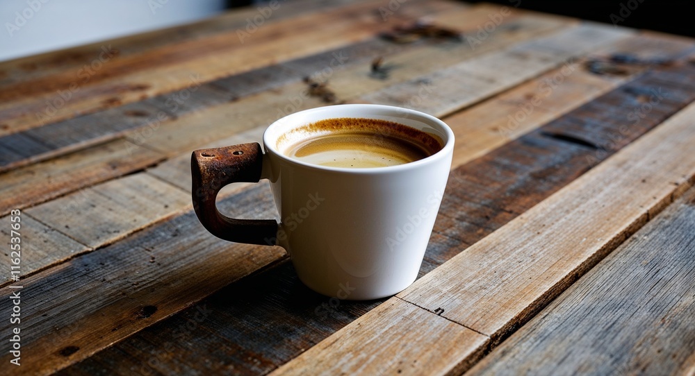 Poster coffee cup with a rustic handle on a table made from reclaimed wood