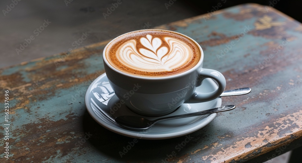 Poster coffee cup with latte art sitting on a weathered table inviting a moment of pause