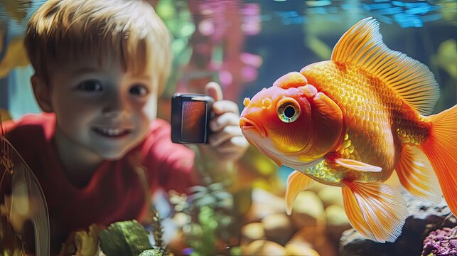 Boy Taking Photo Of A Goldfish In An Aquarium