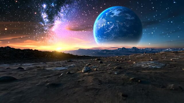 other planet scenery landscape, sci-fi fantasy with vast drought ground under starry sky with big moon