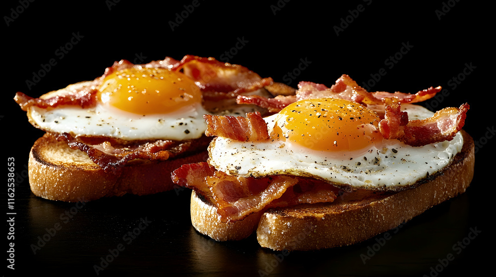 Poster two toasted bread slices topped with fried eggs and crispy bacon strips on a dark background -