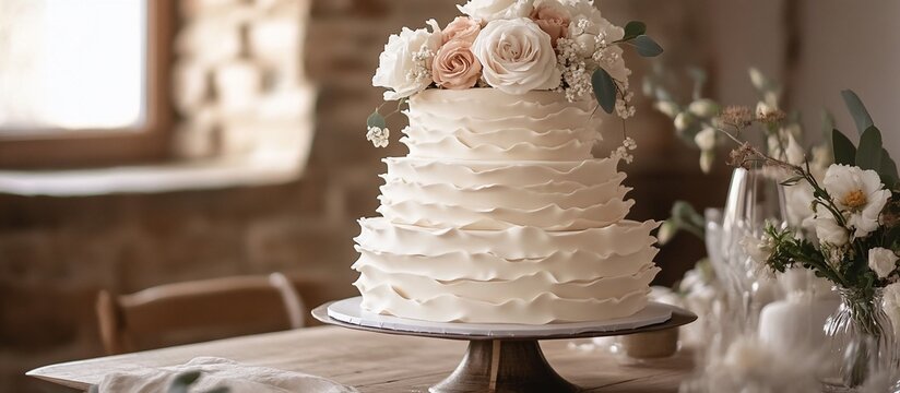 Elegant Four-Tiered Wedding Cake with Delicate Ruffles and Floral Arrangement