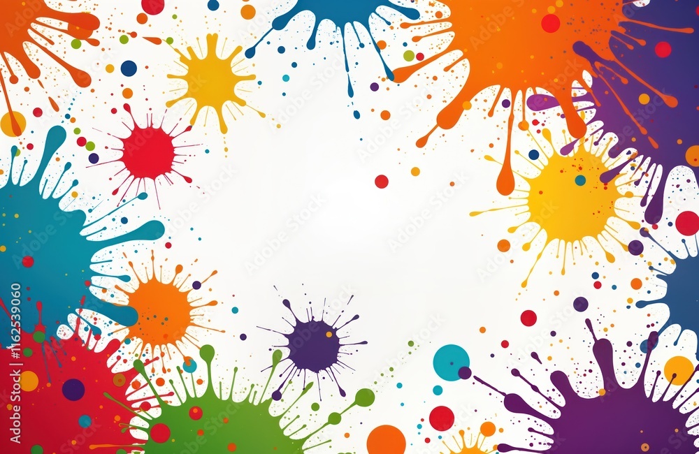 Aufkleber Colorful paint splatters create vibrant pattern on white background. Vivid hues explode in dynamic display. Abstract design with many colors, messy texture. Artistic creation suitable for various