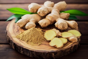 Fresh ginger root and powdered spice on a rustic wooden platter surrounded by green leaves
