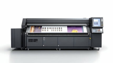 Obraz premium Wide-format label printing machine producing vibrant product labels for modern businesses -