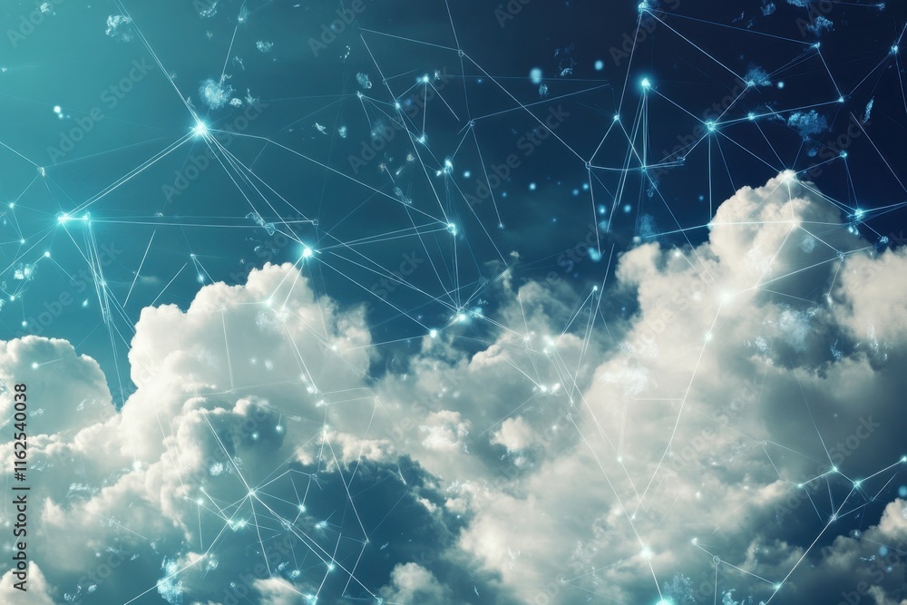Poster clouds blending with digital data connections in a vibrant sky
