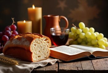 Religious scene shows bread wine, bible. Spiritual objects like grapes, candles present. Image of faith, devotion. Possible settings for religious service spiritual moment of communion contemplation.
