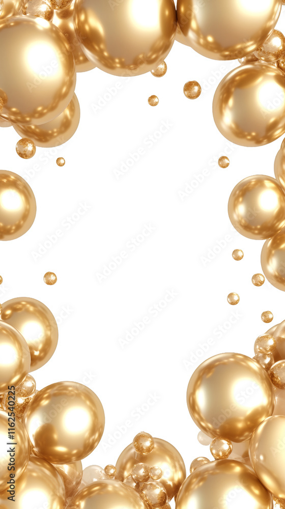 Leinwandbilder Golden spheres of different sizes floating and creating a frame on a transparent background