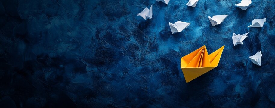 Leadership Guiding Team Success. Yellow Paper Boat Navigating Path for White Boats on Dark Blue Background. Business and Public Speaking Concept.