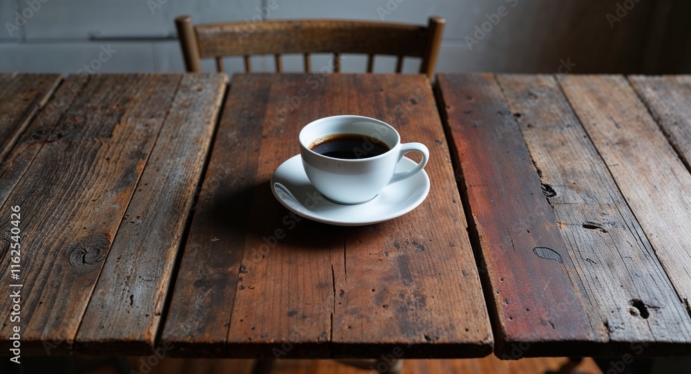Poster mismatched rustic table with a single coffee cup enjoying the simplicity