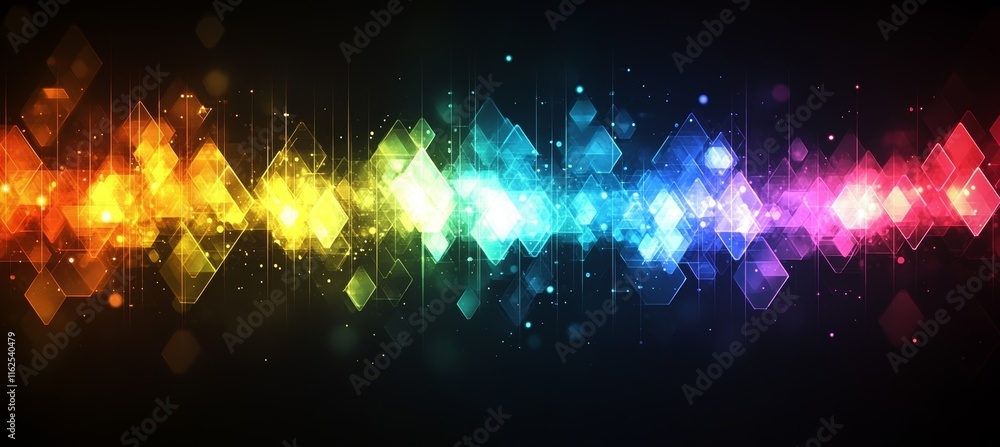 Poster abstract colorful geometric triangle pattern lights sparkle on dark background. generative ai techno