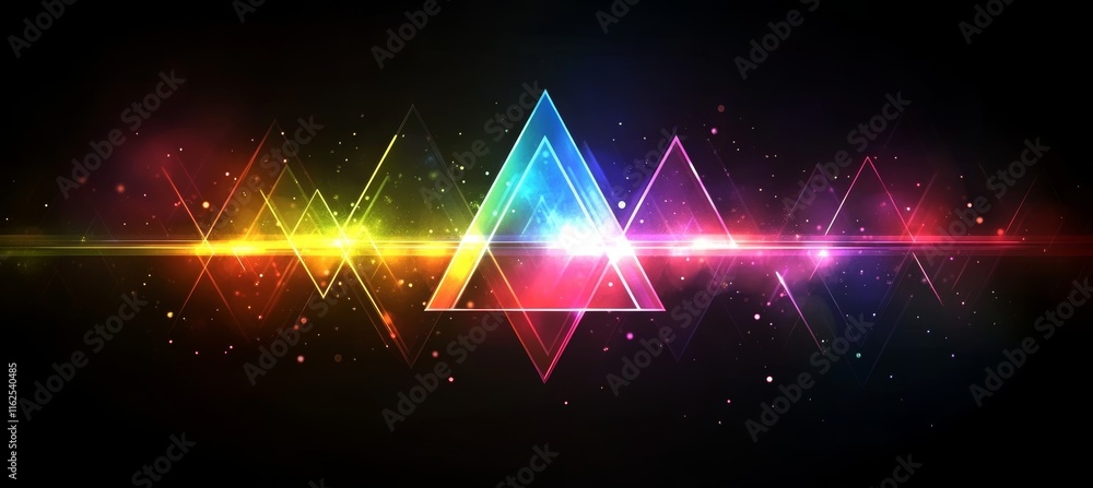 Poster colorful geometric triangle pattern lights sparkle on dark background. generative ai technology.