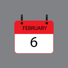 Calendar icon with February 6 date on grey background. Vector schedule symbol.