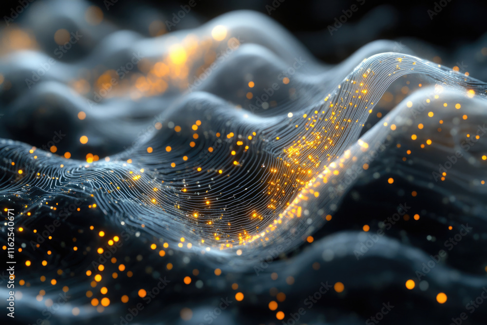 Wall mural abstract digital landscape with glowing particles forming wavy lines and mesh.