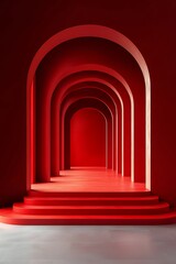 Red archway hallway with steps leading to a receding perspective.