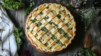 Rustic chicken potpie with a woven lattice crust, surrounded by decorative pie crust cutouts and fresh herbs