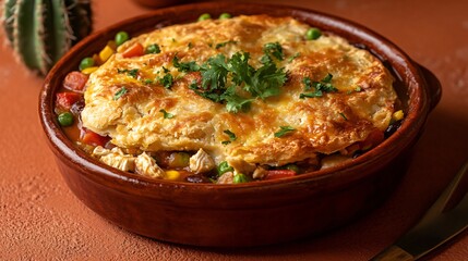 Southwest-style chicken potpie with spicy chilis and cornbread crust, isolated on a terracotta surface with a cactus in the corner