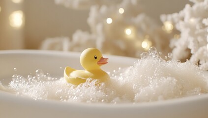 Yellow rubber duck floating in foamy bathtub, soft light highlighting playful bubbles and vibrant colors