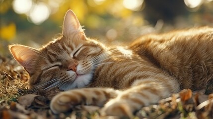 Fototapeta premium Adorable Ginger Cat Napping Outdoors in Autumn Sunlight