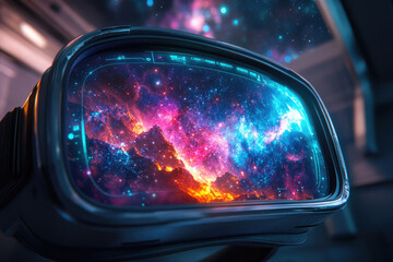 A futuristic VR headset displays a breathtaking nebula and fiery mountainscape, offering an immersive space exploration experience.