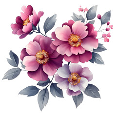 Nature, flowers, clipart watercolor painting of flower, symmetrical pattern, botanical print on white background, vintage style.QW-0581