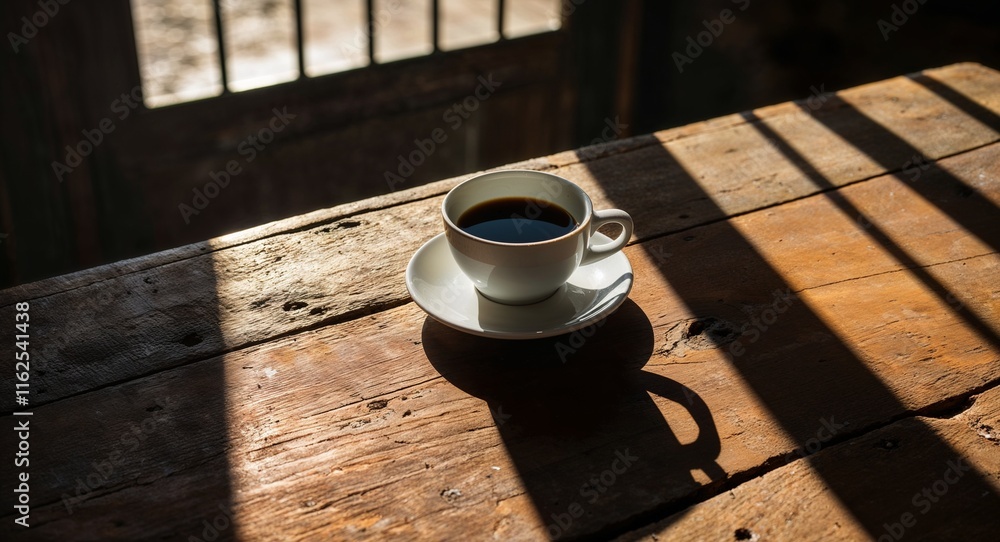 Poster rustic table with a single coffee cup casting a shadow in the sunlight